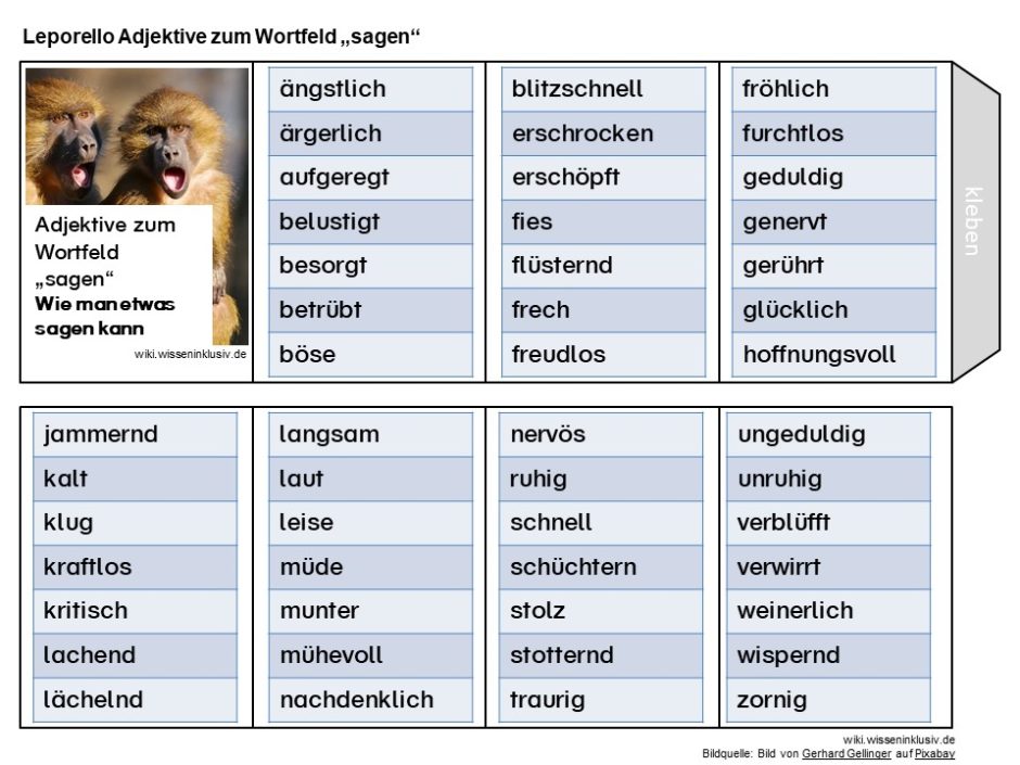 Adjektive zum Wortfeld sagen, wie z.B. ängstlich, nervös, verblüfft usw.
