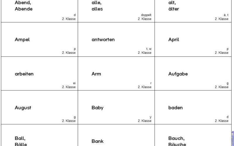 Wörter 2.Klasse Rechtschreibung Karten