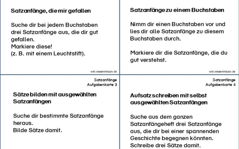 Aufgabenkarten zum Satzanfänge üben